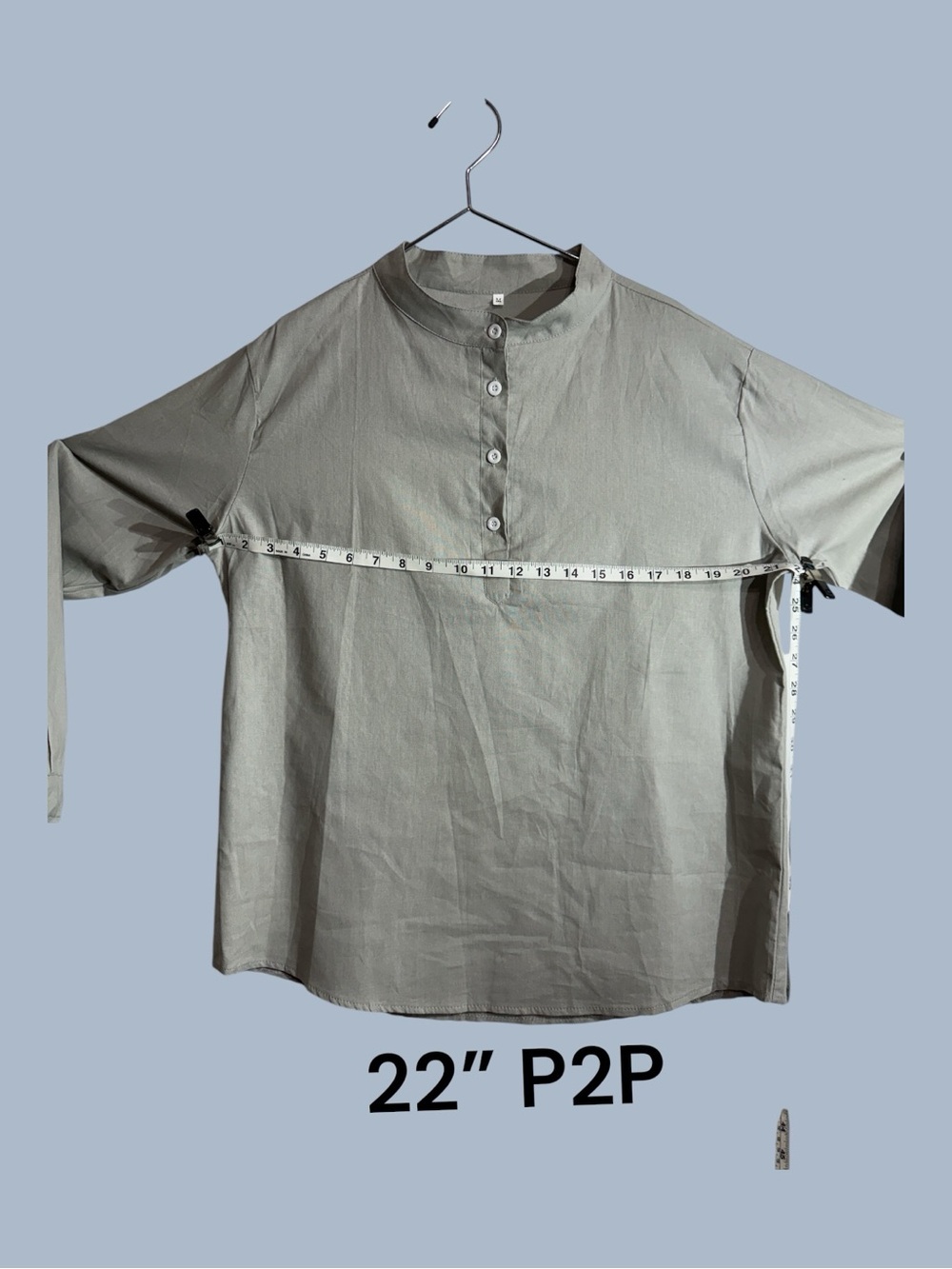 Band Collar Cotton Linen Blend Long Adjustable Sleeve Light Blue Size Small - Picture 3 of 11